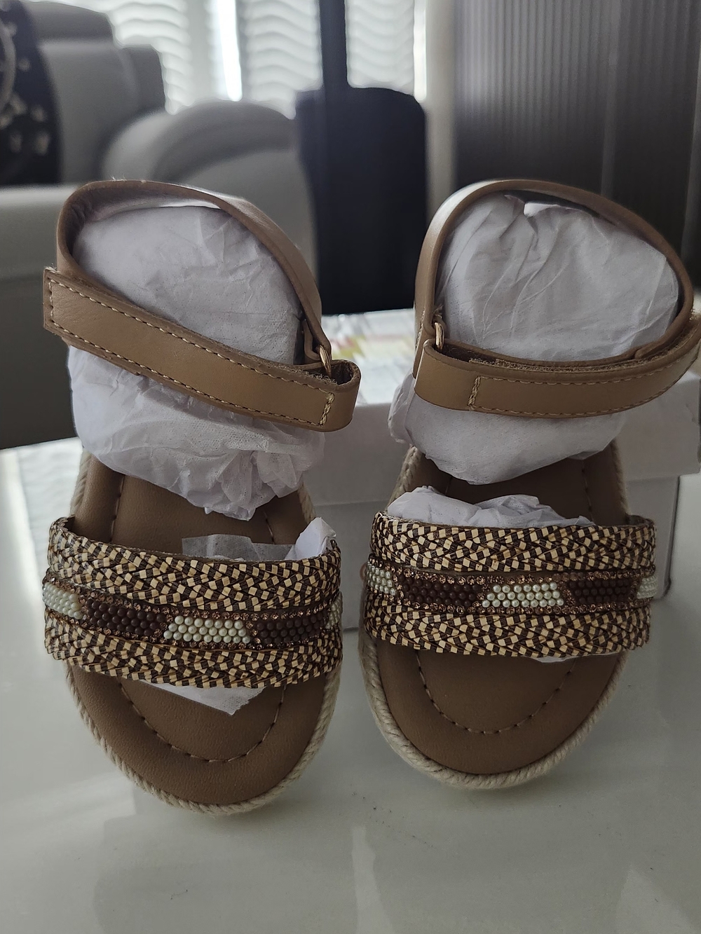 C&C California Tan Beaded Girls' Sandals with Ankle Strap